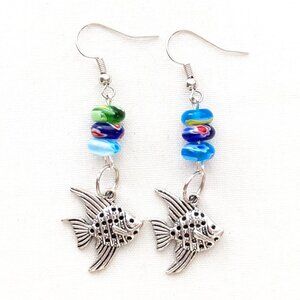 Millefiore Clown Fish Dangle Earrings Art Glass Beaded Fishing Resort Jewelry 2"